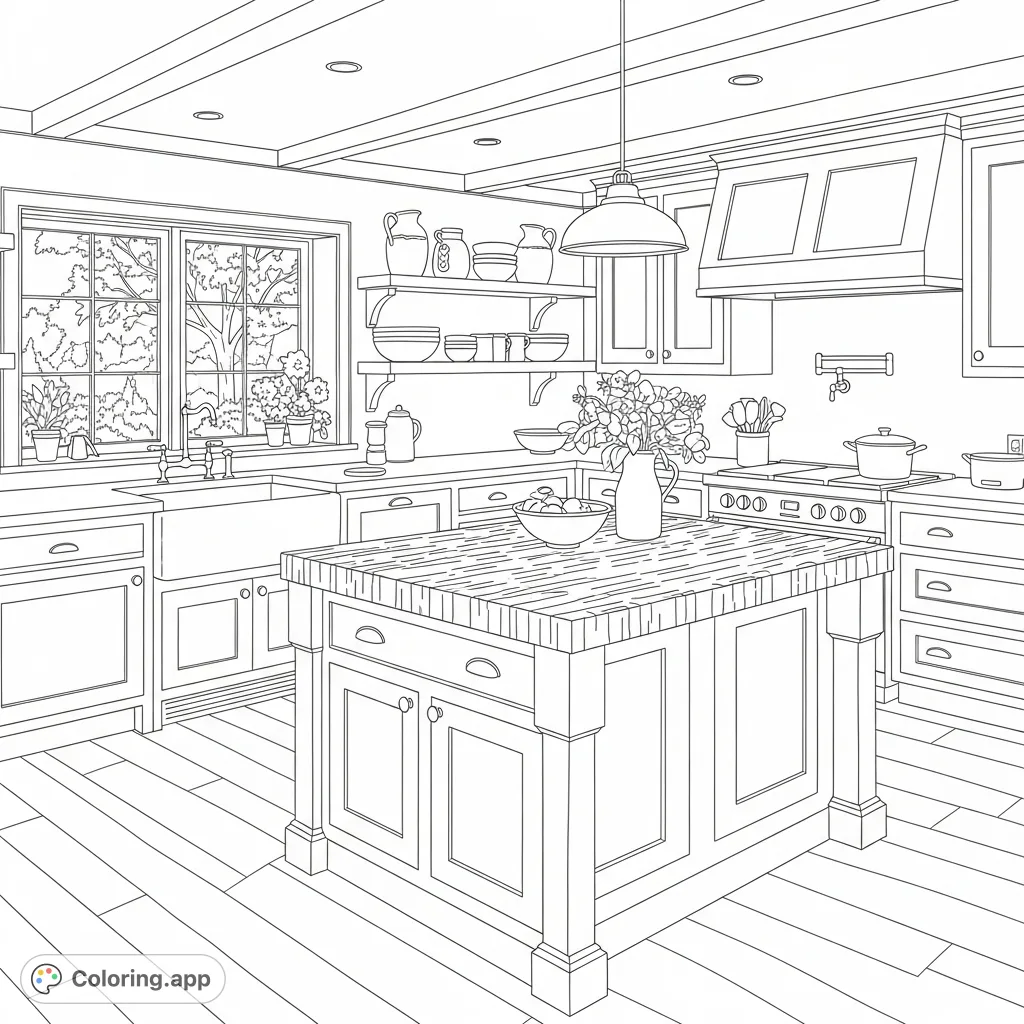 Step into a beautifully renovated farmhouse kitchen. This detailed coloring page features a central island, shaker cabinets, and a garden view.