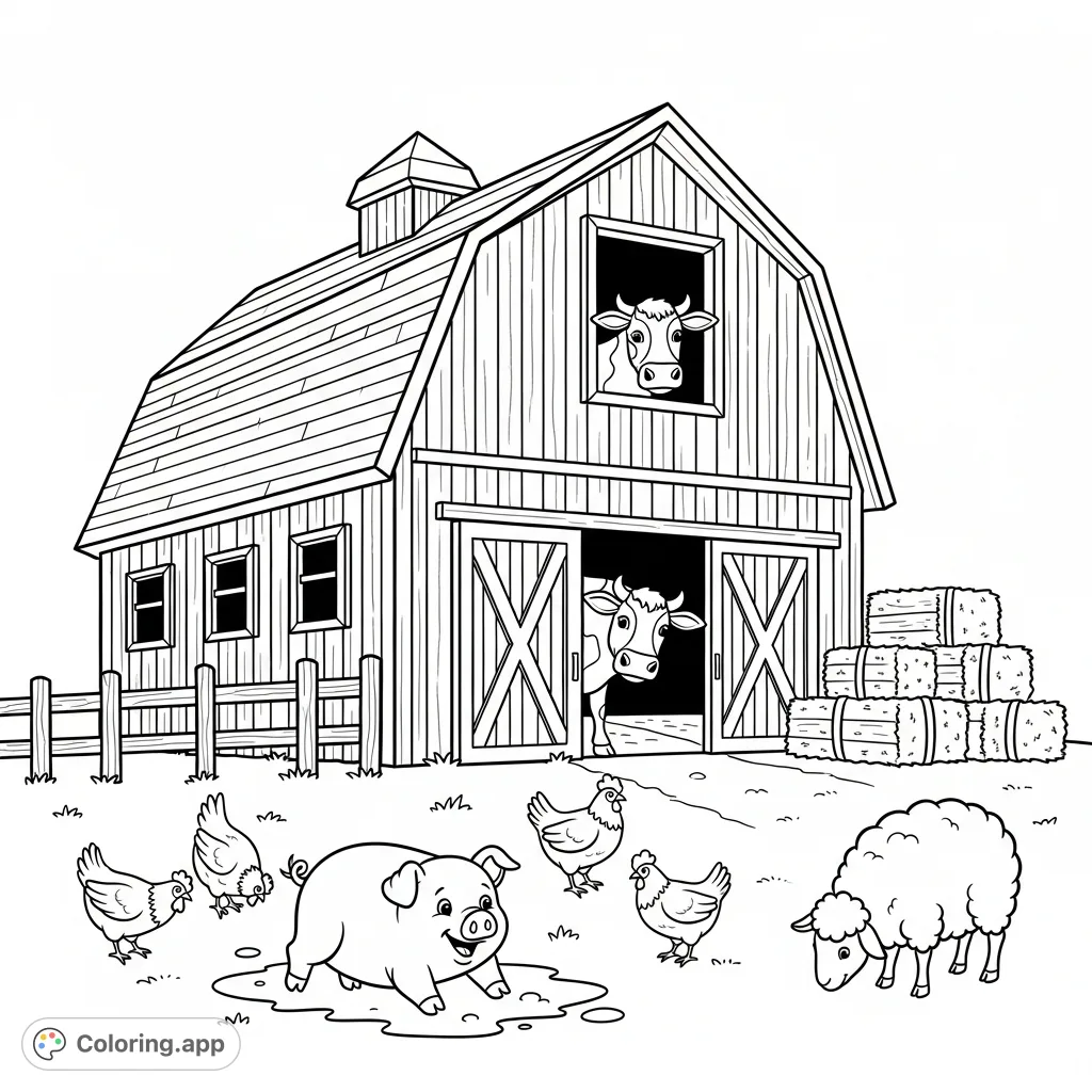 Discover a delightful farm coloring page featuring a grand barn, playful animals, and hay bales. Perfect for bringing countryside charm to life!