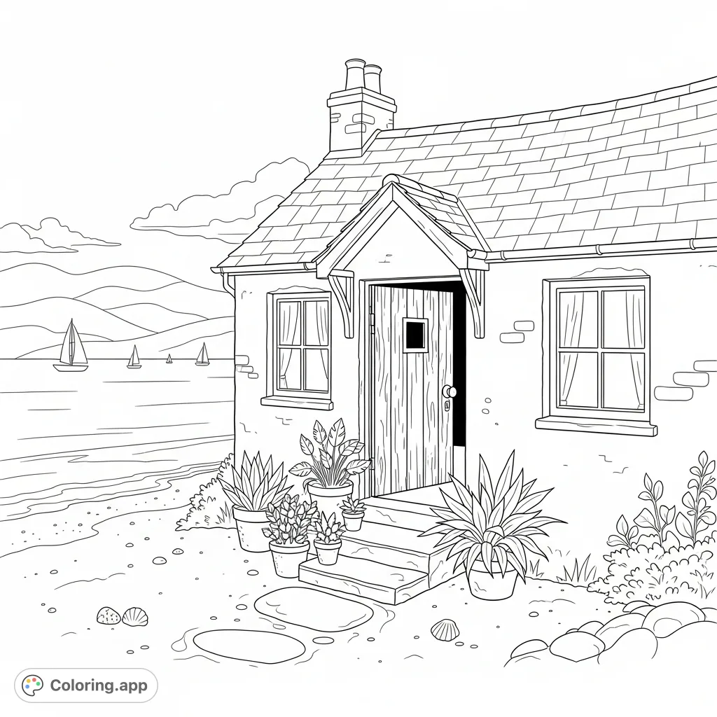 Color a charming seaside cottage with a weathered door, potted plants, and a serene ocean backdrop. Perfect for a relaxing escape.