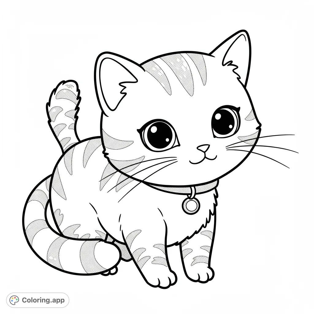 An adorable striped kitten coloring page, perfect for kids and cat lovers. Features big eyes, a cute smile, and a collar. Free printable coloring page fun!