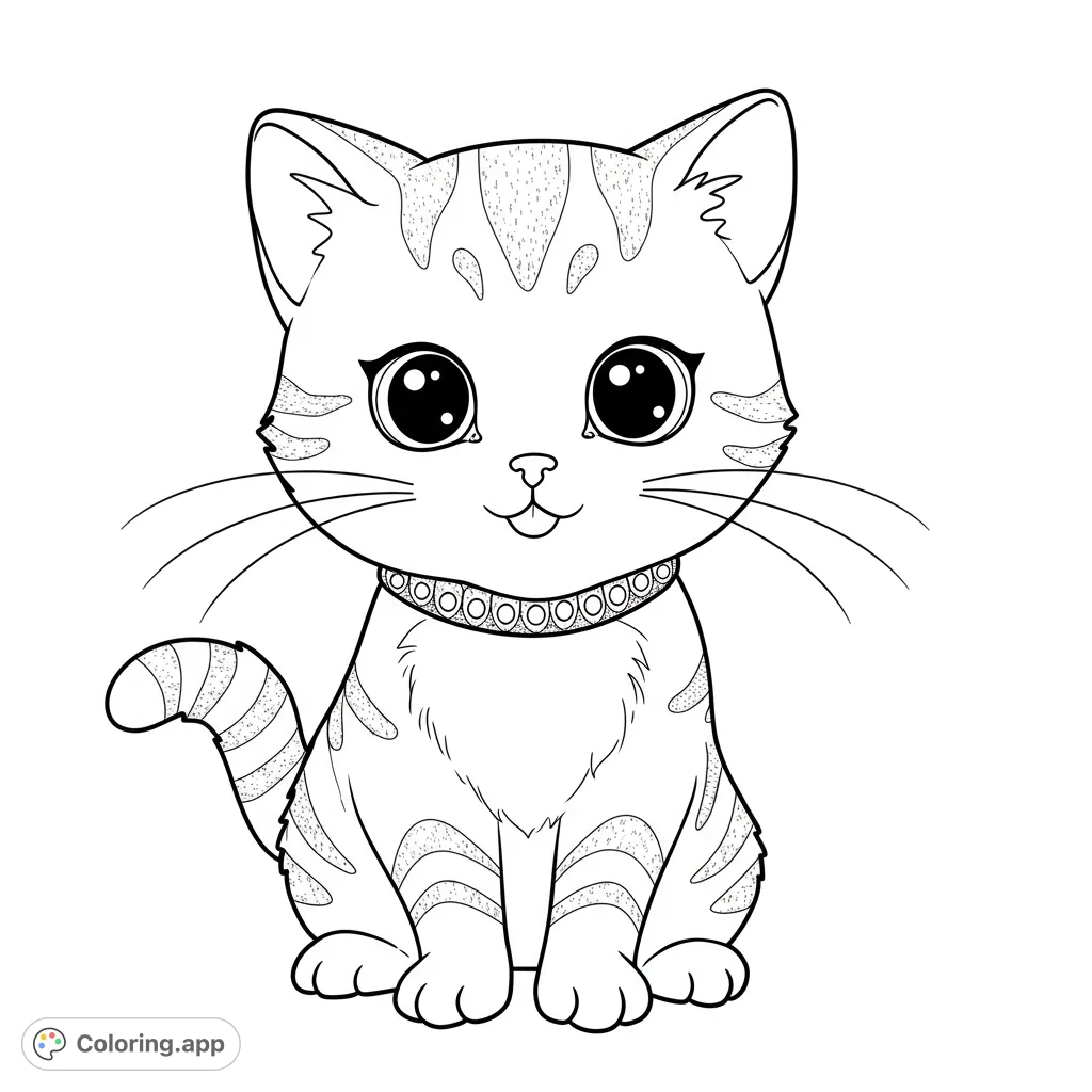 An adorable, cartoon-style tabby kitten with big, expressive eyes and a decorative collar, sitting sweetly. A free printable cat coloring page for all ages.