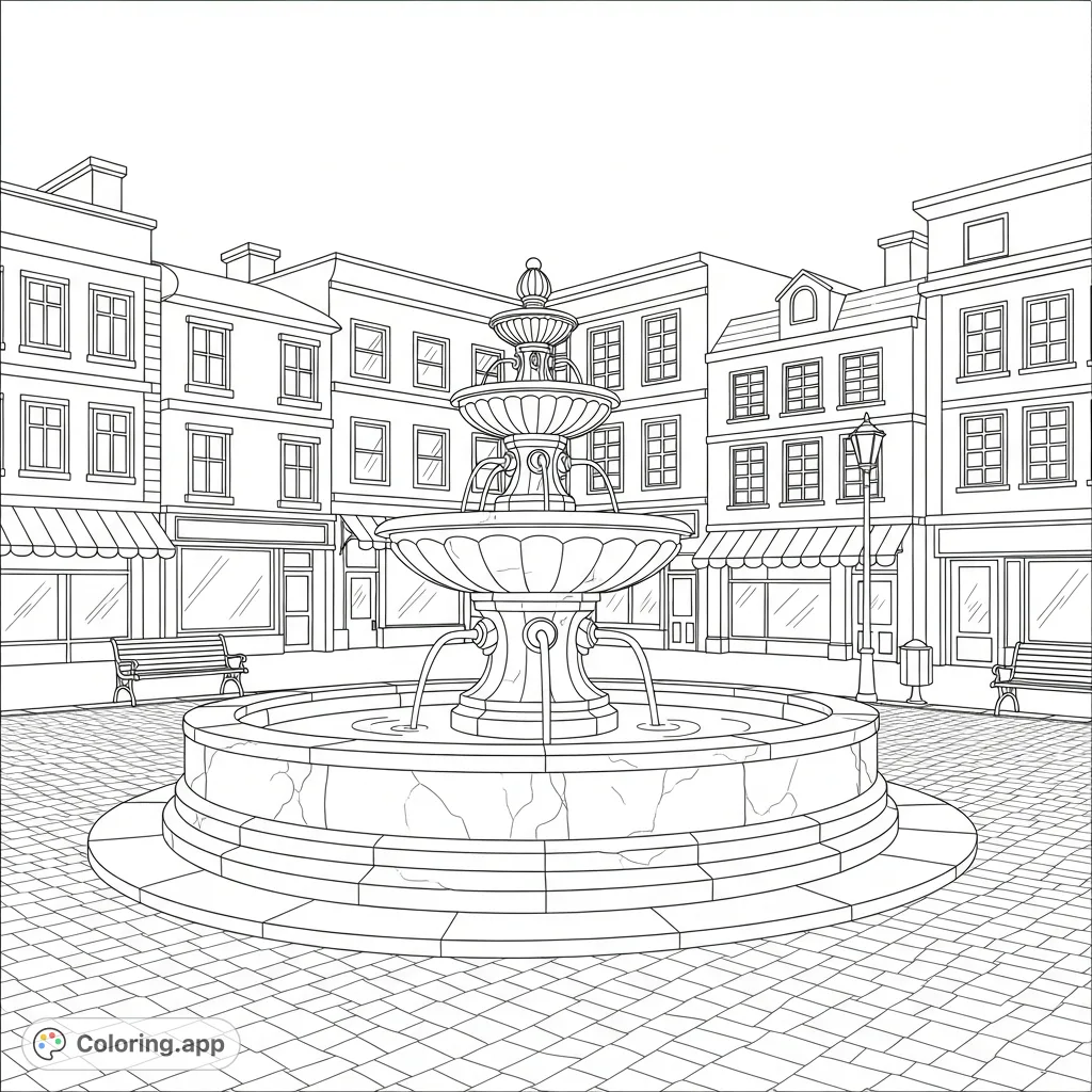 Explore a charming town square featuring a prominent stone fountain, surrounded by quaint shops with inviting windows and doors, set against a cobblestone ground.