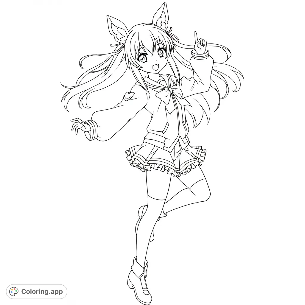 A delightful anime schoolgirl coloring page, featuring a cheerful character with unique animal ears and a detailed uniform. A free printable coloring page for kids and adults.