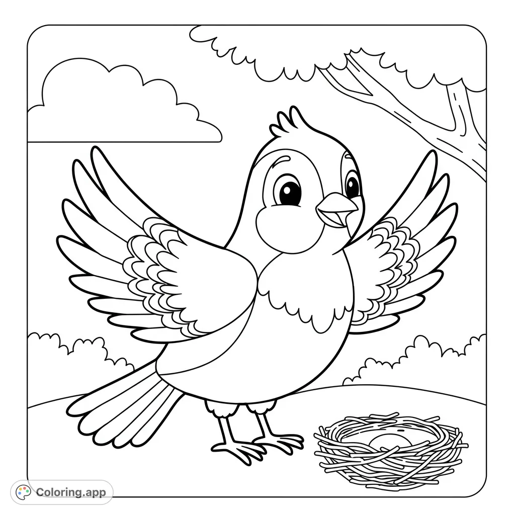 A delightful bird with open wings stands beside its nest and egg, set against a simple outdoor scene. Perfect for a free printable bird coloring page.