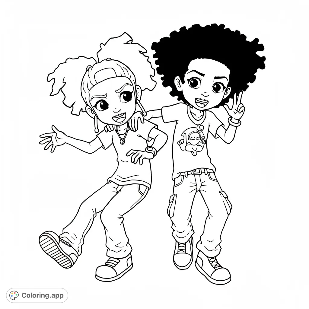 A vibrant free printable cartoon kids coloring page featuring two cheerful friends with unique hairstyles and casual outfits, perfect for creative expression.