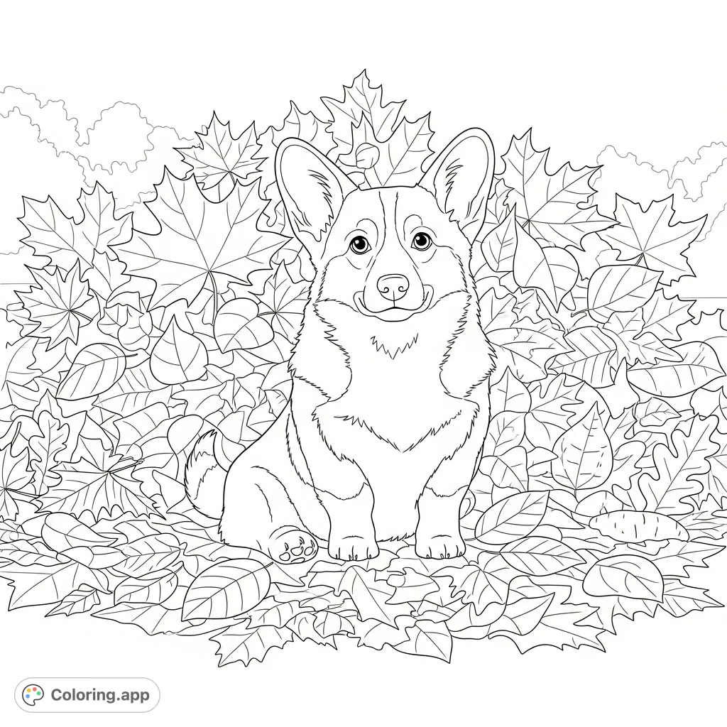 A delightful coloring page featuring a cheerful corgi happily nestled in a large pile of beautifully outlined autumn leaves, perfect for seasonal fun.