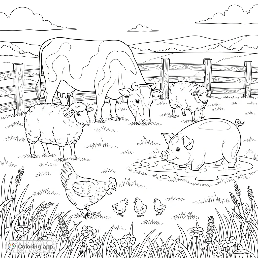 A heartwarming farm animal coloring page featuring a cow, sheep, pig, hen, and chicks in a peaceful pasture. Perfect for all ages to enjoy!