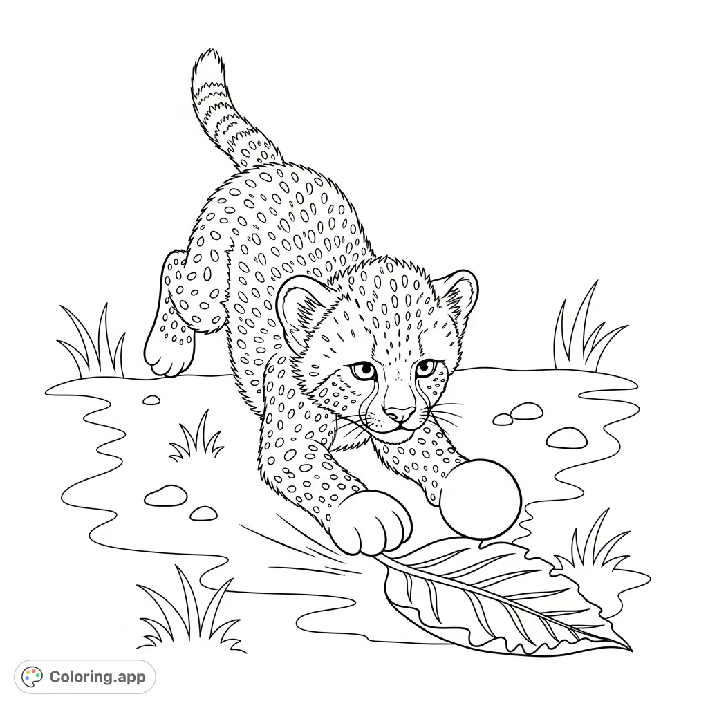 A charming coloring page featuring a fluffy cheetah cub mid-pounce on a large leaf, set against a simple savannah backdrop. Perfect for animal lovers.
