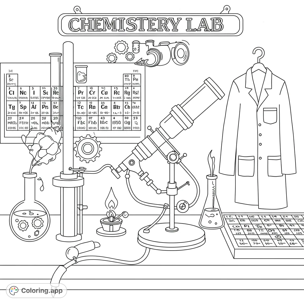 Explore a detailed chemistry lab coloring page featuring a microscope, periodic tables, and various lab equipment. A free printable science adventure!