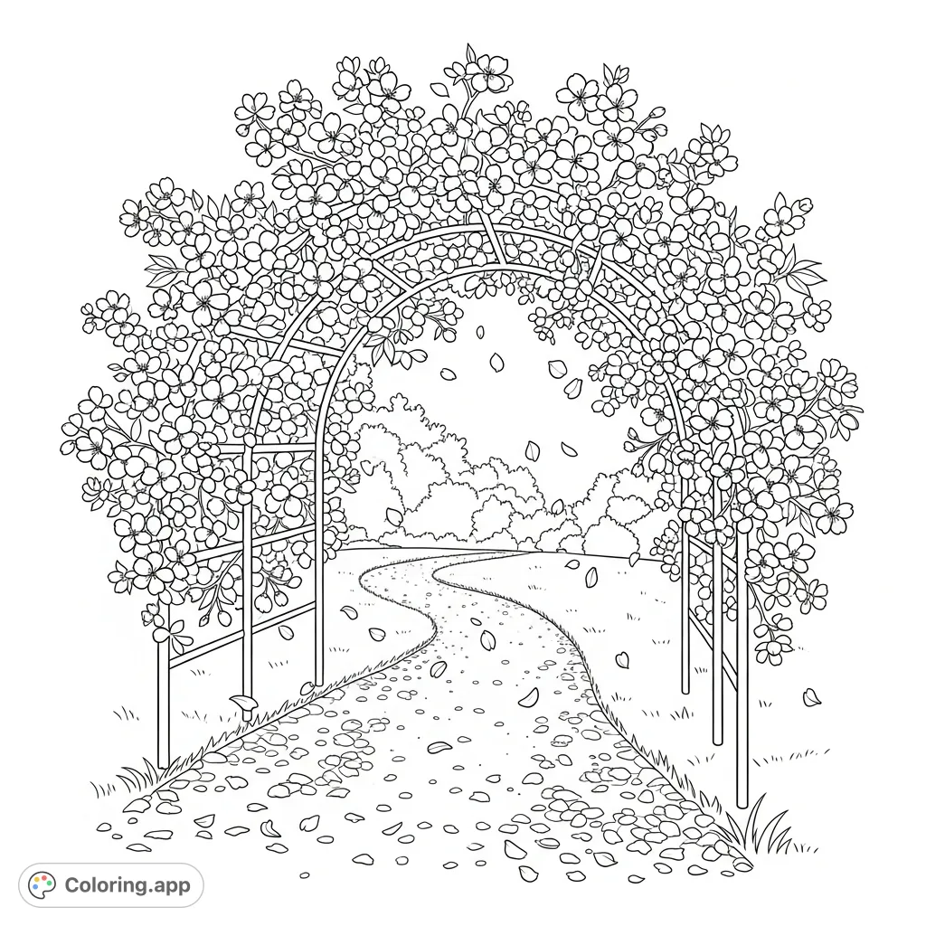 A beautiful cherry blossom arch gracefully curves over a winding gravel path, with delicate petals falling gently. A serene garden scene awaits your creative touch.