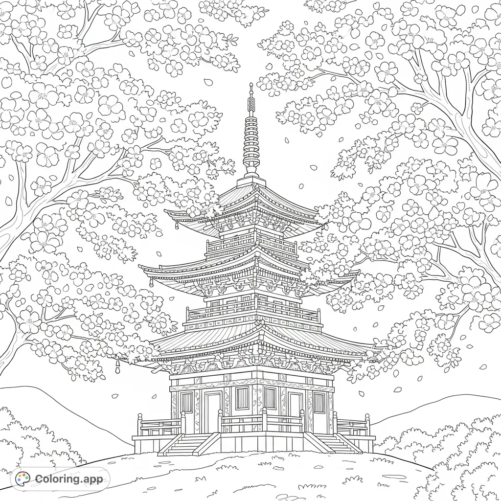 An exquisite coloring page featuring a multi-tiered pagoda surrounded by delicate cherry blossom trees in full bloom, inviting a serene and detailed coloring experience.