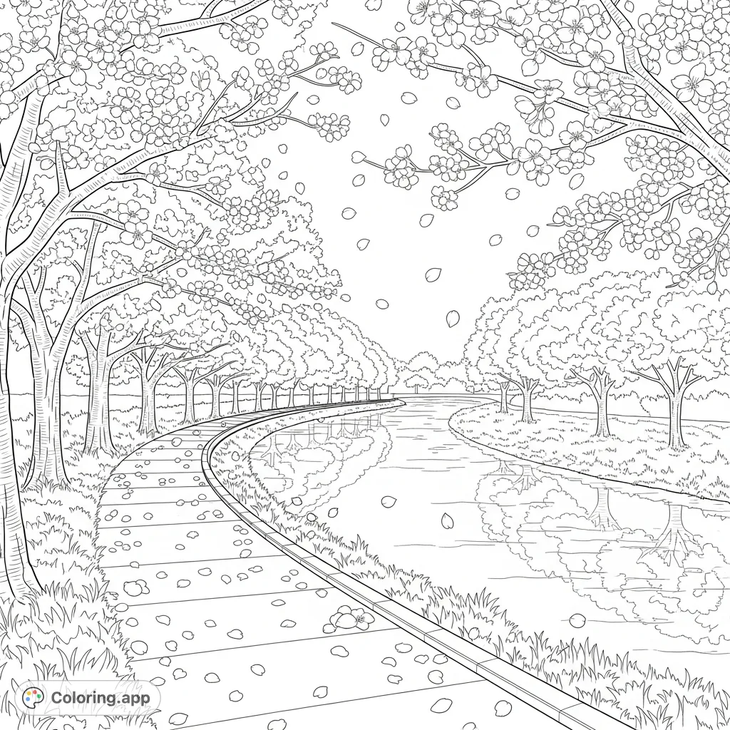 Experience the tranquility of a cherry blossom walkway alongside a gentle river. Delicate petals drift from flowering trees, creating a peaceful, picturesque scene.