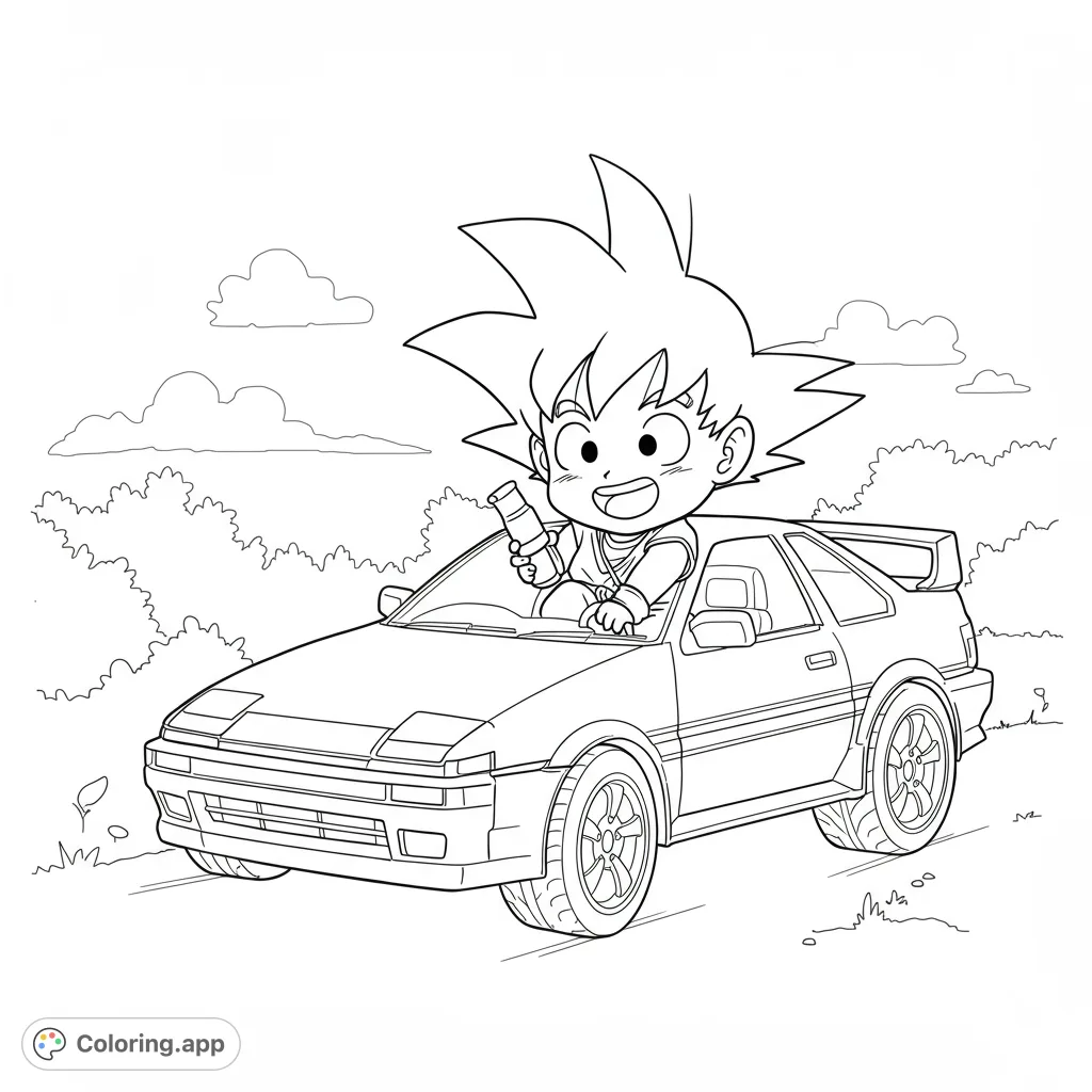 A cheerful chibi character with spiky hair joyfully drives a classic sports car on an open road, perfect for a fun coloring adventure.