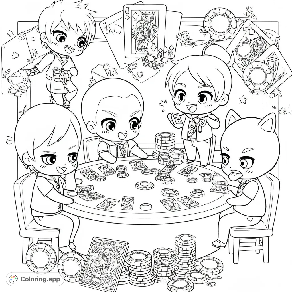 Adorable chibi characters gather for a lively card game, surrounded by playing cards and poker chips. A fun, free printable coloring page for all ages.
