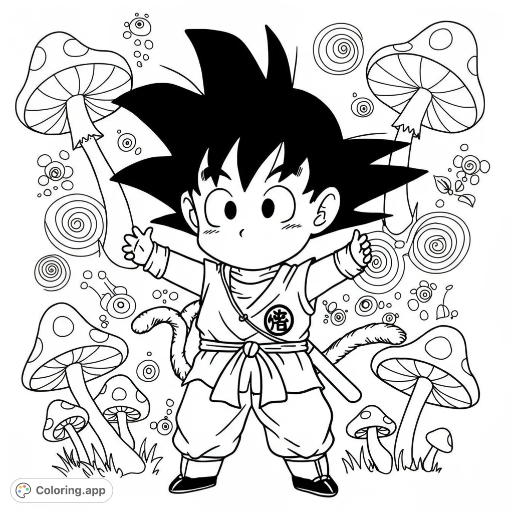 An adorable chibi hero stands amidst whimsical spotted mushrooms and swirling patterns. A fun, free printable coloring page for kids and adults, perfect for fantasy fans!