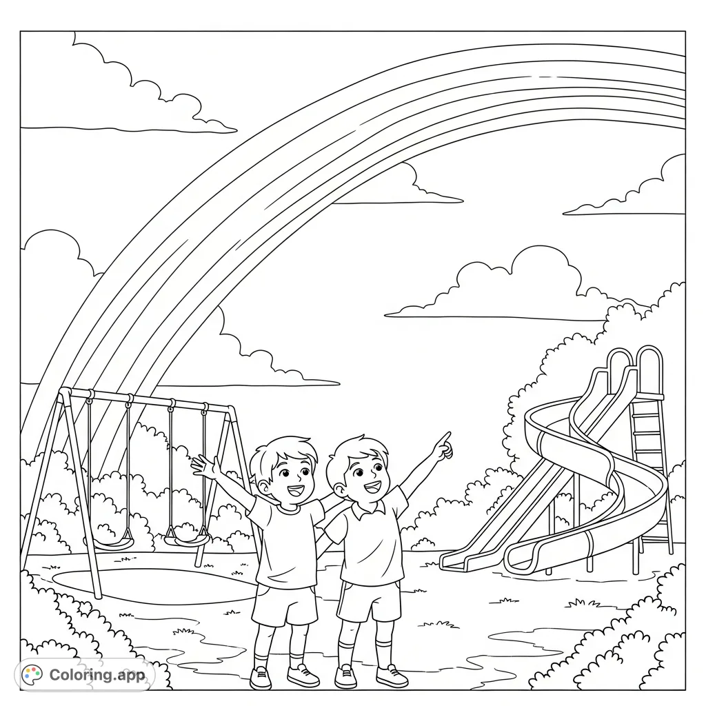 Two children gaze up at a magnificent rainbow in a park scene with a swing set and slide. A delightful, free printable park coloring page.