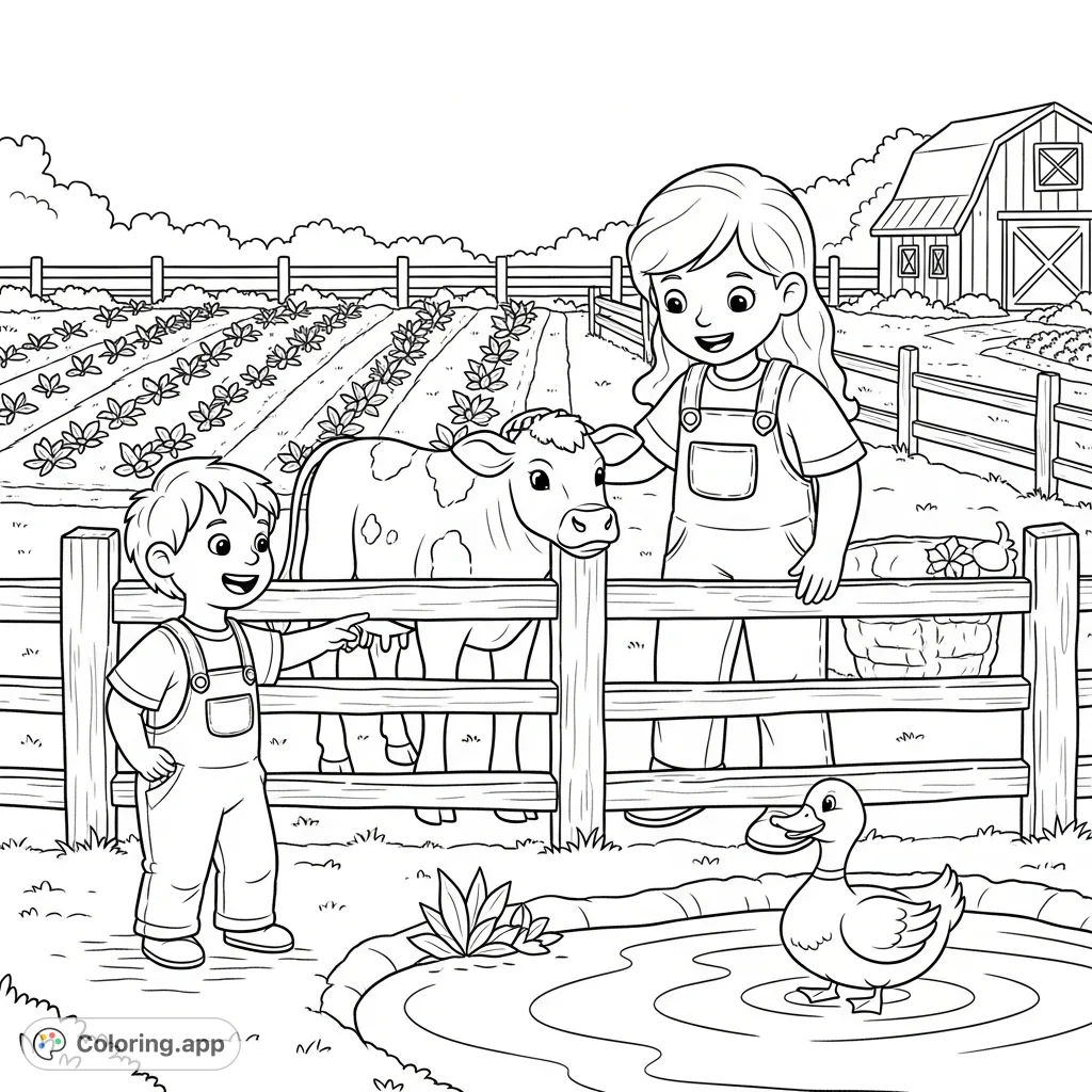 Discover a charming farm scene with two joyful children interacting with friendly animals and exploring a garden, perfect for imaginative coloring.