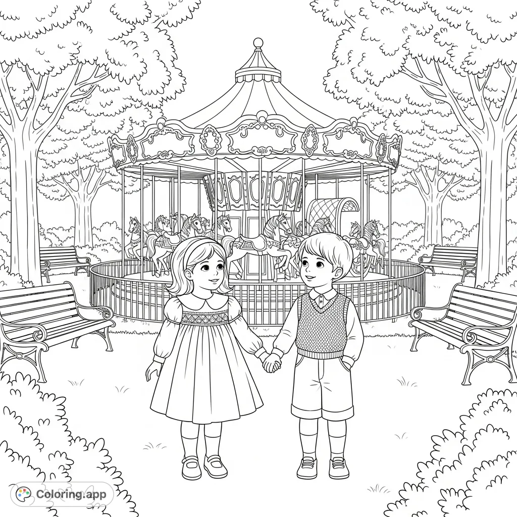 A delightful park coloring page featuring two children holding hands, looking at a grand carousel, surrounded by trees and benches. Perfect for imaginative play!