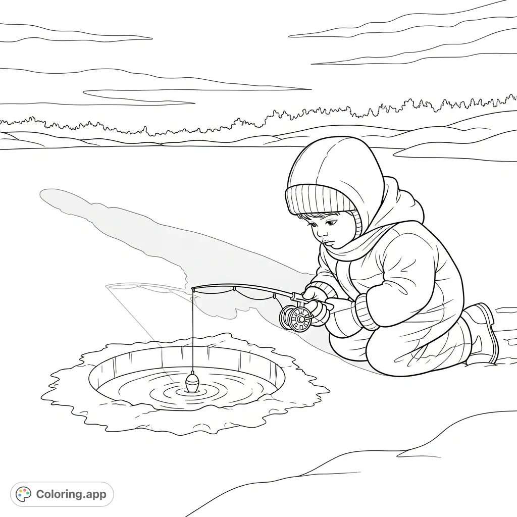 Child's Winter Ice Fishing - Coloring.app