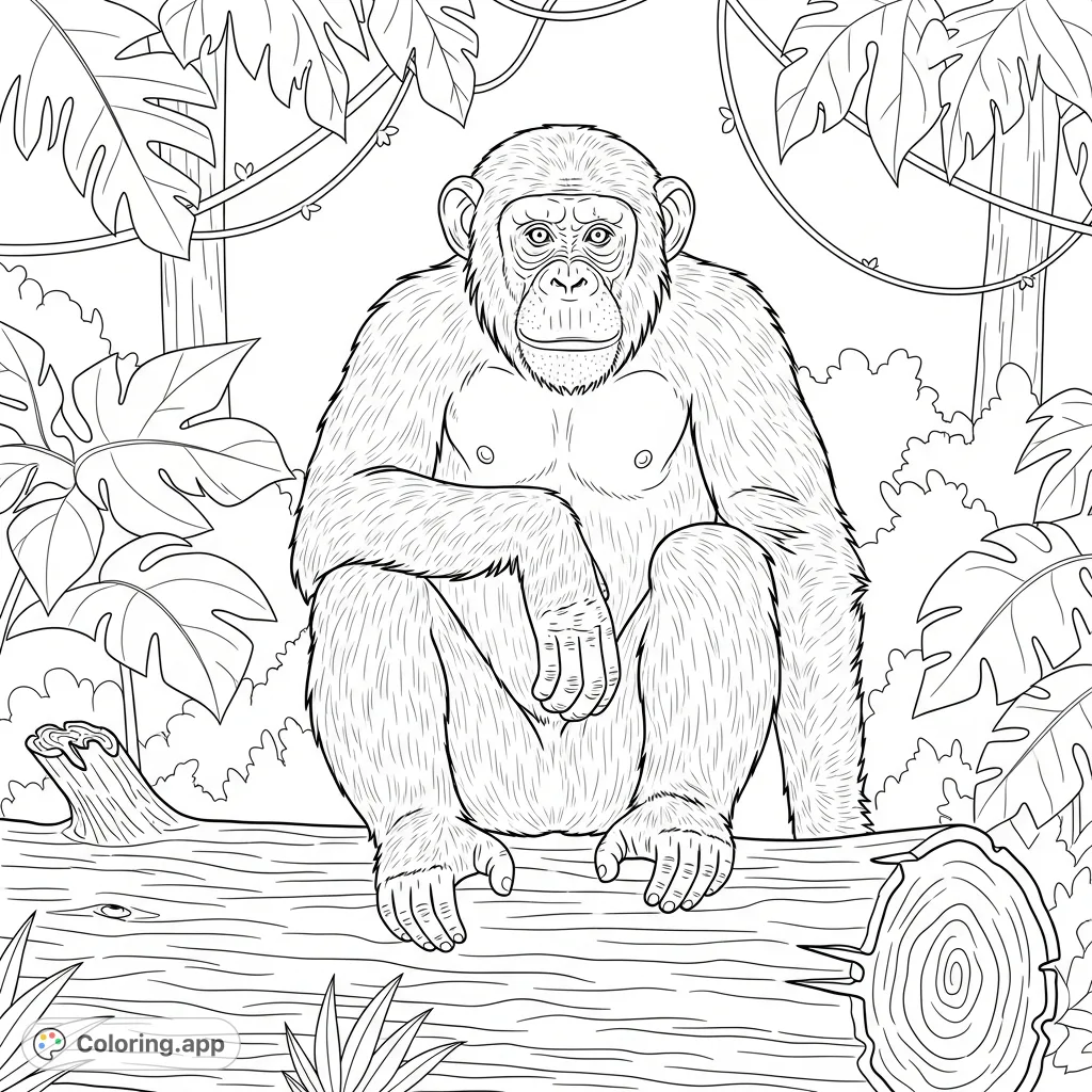 A detailed coloring page featuring a chimpanzee seated calmly on a textured log amidst dense jungle foliage, inviting a creative exploration of nature.