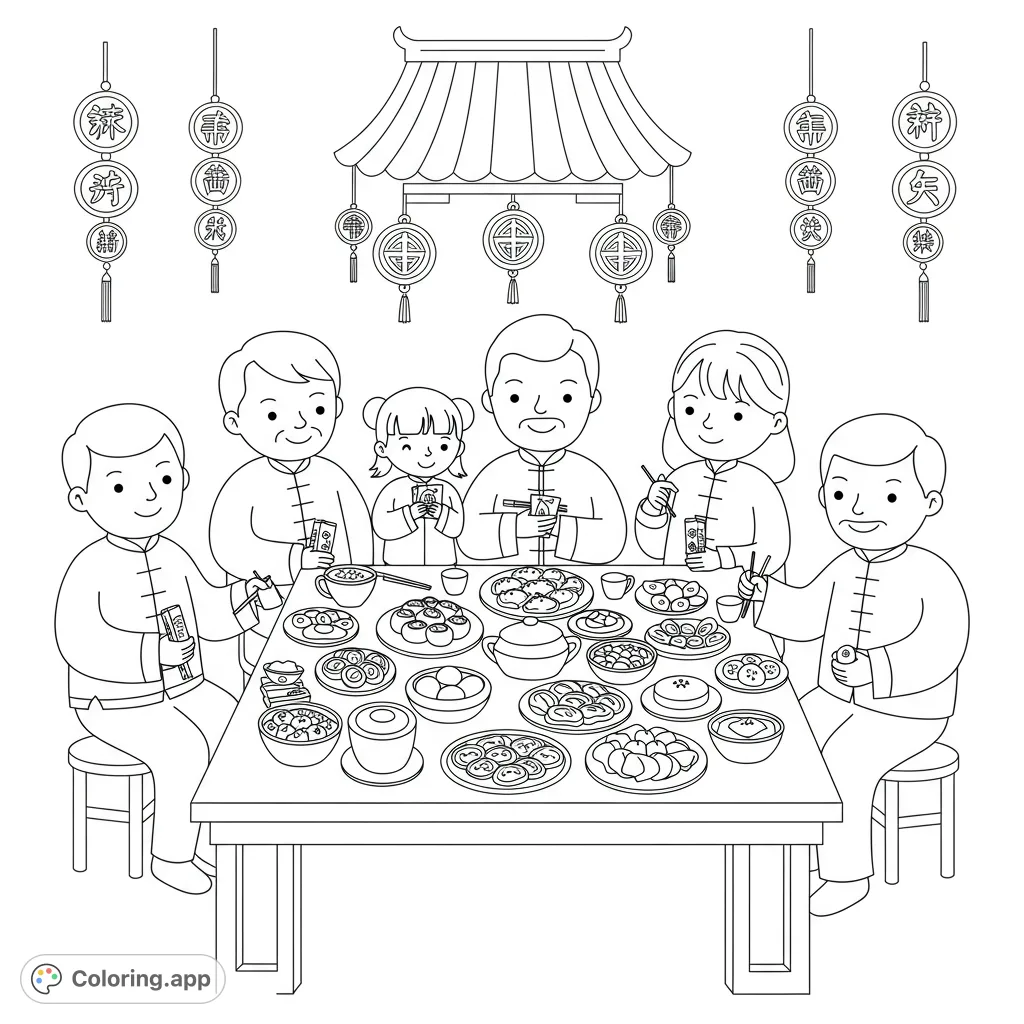 A joyful Chinese family gathers for a festive feast, surrounded by traditional decorations and delicious dishes, perfect for a cultural coloring experience.