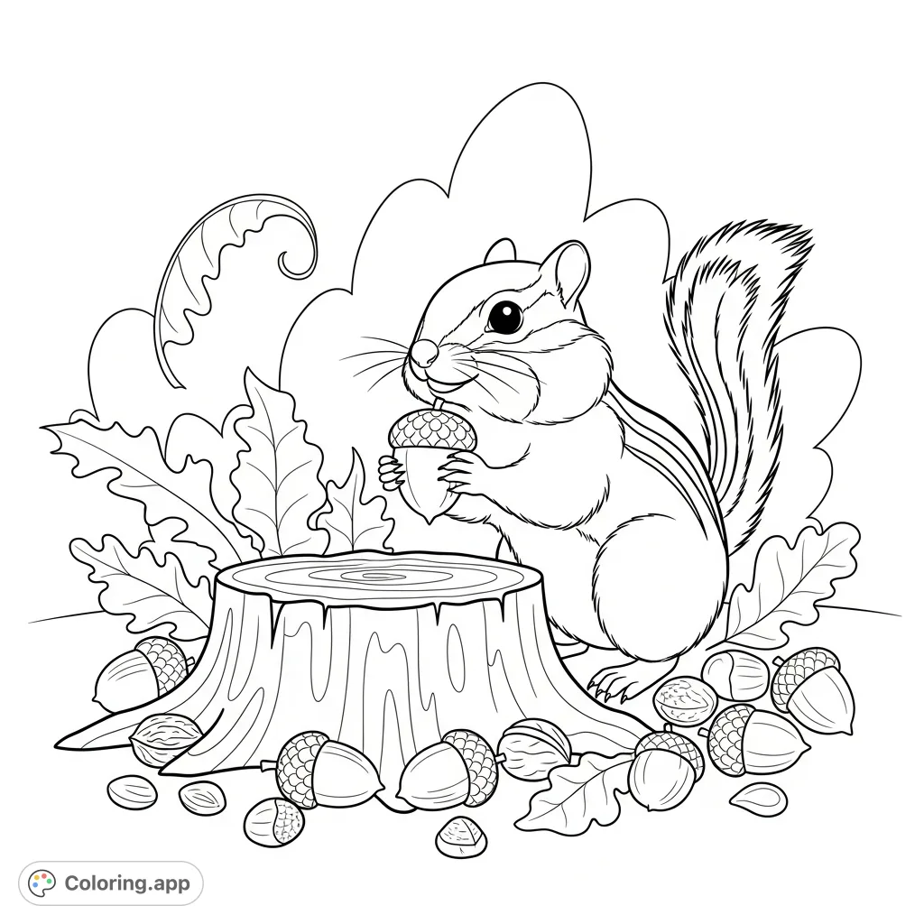 A charming coloring page depicting a diligent chipmunk at the base of a tree stump, surrounded by scattered nuts and simplified forest leaves.