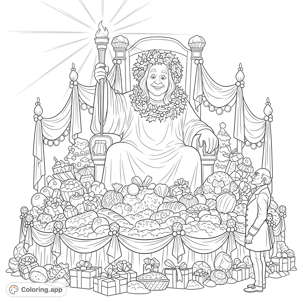 A detailed Ghost of Christmas Present coloring page, featuring the jovial spirit surrounded by festive bounty, observed by Scrooge. A free printable holiday scene for all ages.