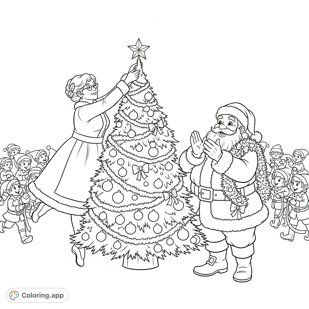 Witness Mrs. Claus topping the grand Christmas tree while Santa claps in delight, surrounded by busy elves. A heartwarming holiday scene!
