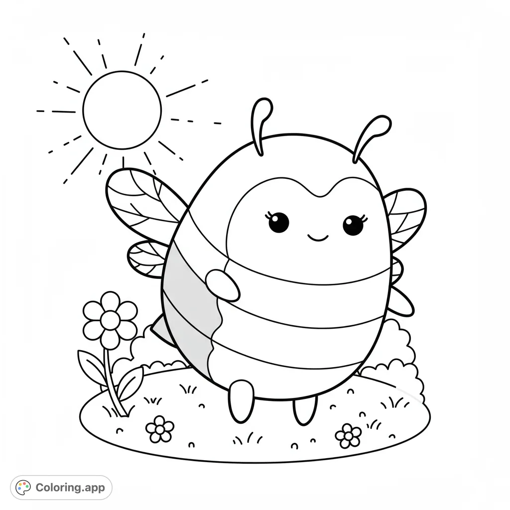 An adorable chubby bee coloring page in a sunny garden with flowers. A free printable bee coloring page perfect for kids and adults.