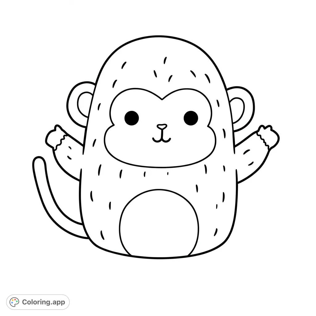 An adorable chubby monkey with big eyes and a sweet smile, ready for a splash of color. A fun, free printable monkey coloring page for kids.