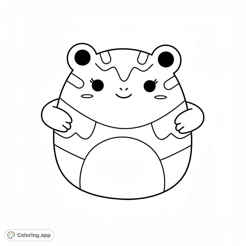 A delightful, free printable cute frog coloring page featuring a round, smiling amphibian with big eyes and simple patterns, perfect for all ages.
