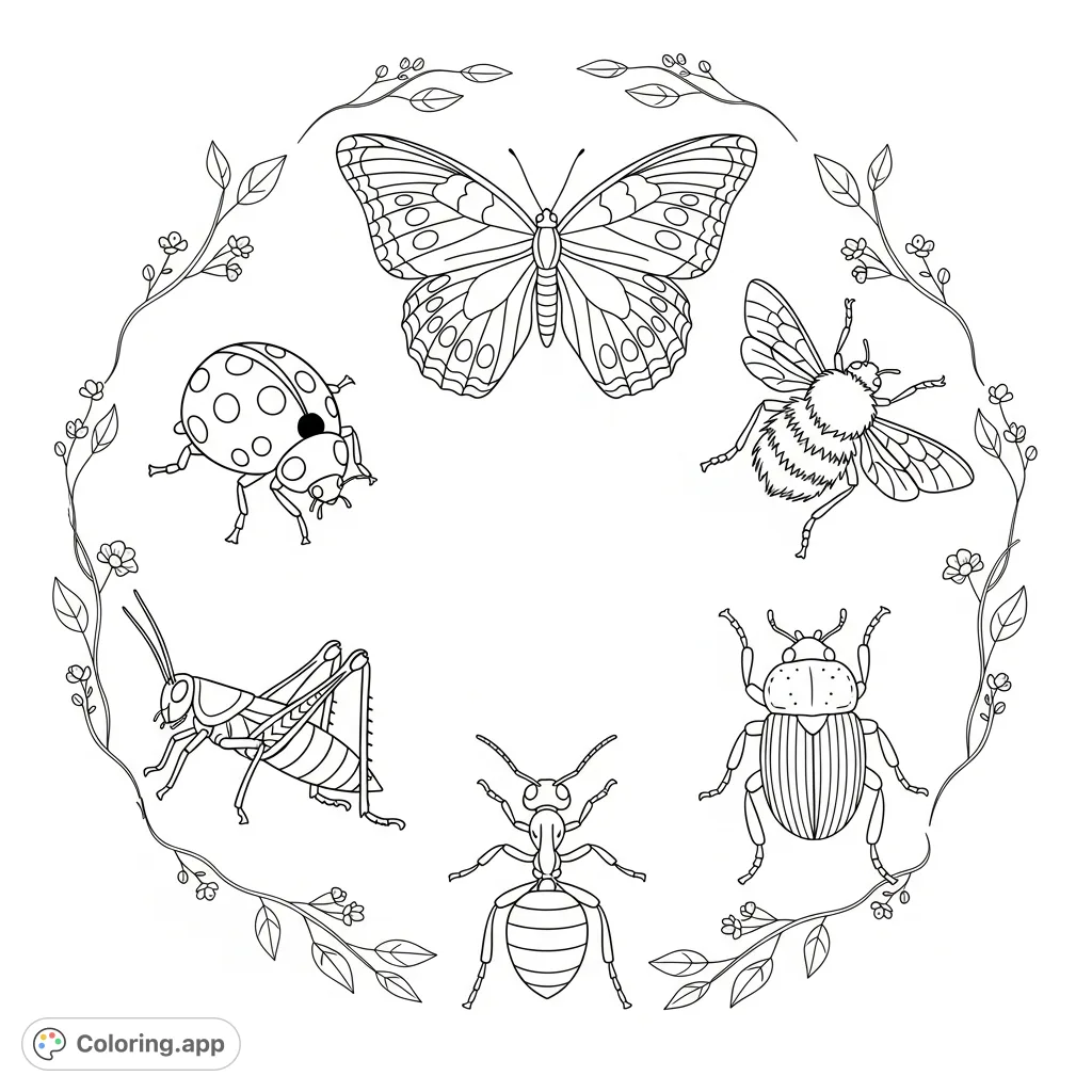 An intricate coloring page featuring six unique insects—butterfly, ladybug, bee, grasshopper, ant, beetle—arranged in a precise circular pattern, surrounded by delicate flora.