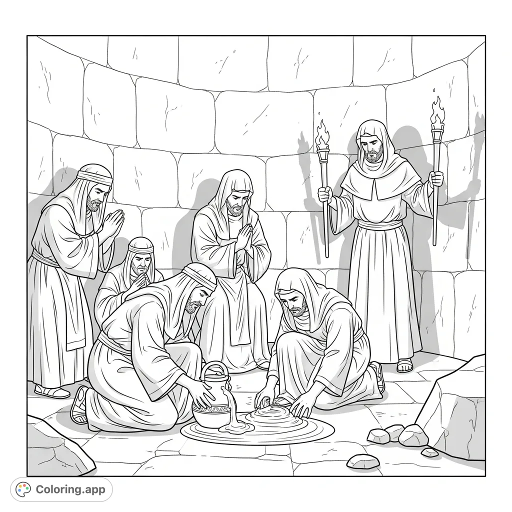 Uncover an ancient ritual in a secluded cistern, where robed priests with expressions of awe collect a sacred, flowing substance for a Temple ceremony.