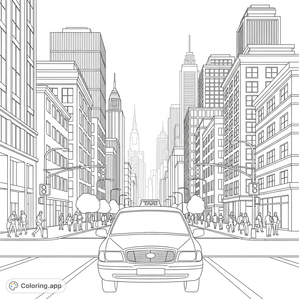 Explore a vibrant city avenue with a classic taxi, towering skyscrapers, and bustling sidewalks. Perfect for urban explorers to add their unique flair.