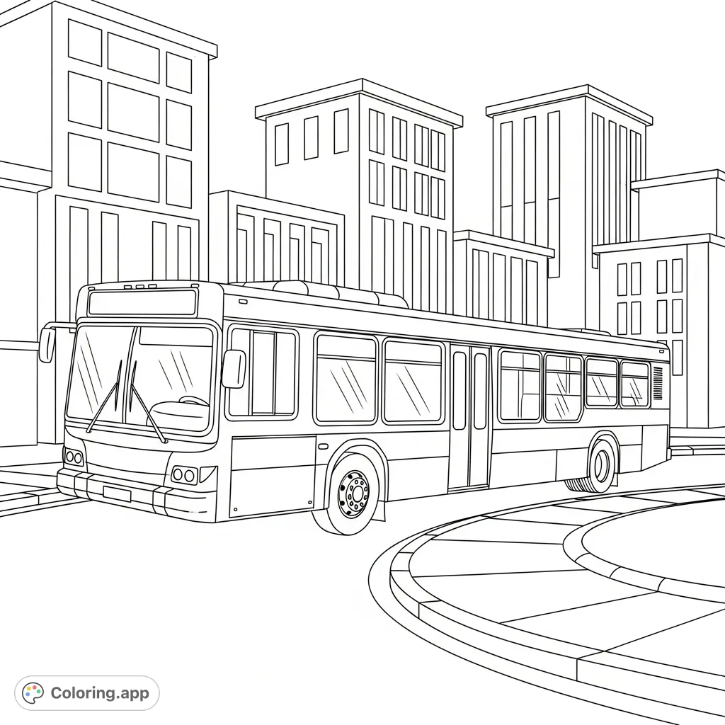 A dynamic coloring page featuring a large city bus making a sharp turn on an urban street. Geometric buildings form the structured background, emphasizing the tight maneuver.