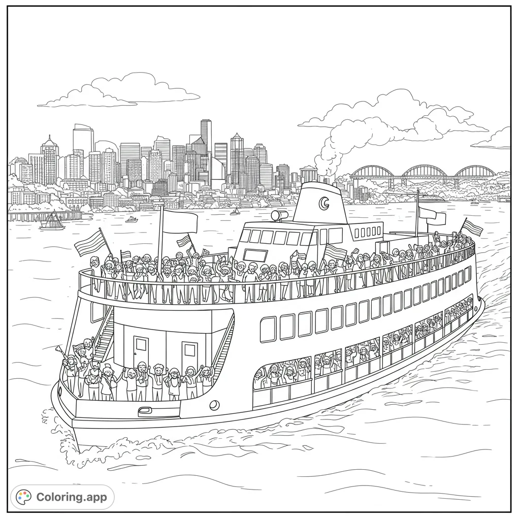 A vibrant city ferry scene with cheering passengers and a detailed skyline. Perfect for a fun, free printable city ferry coloring page for kids and adults.