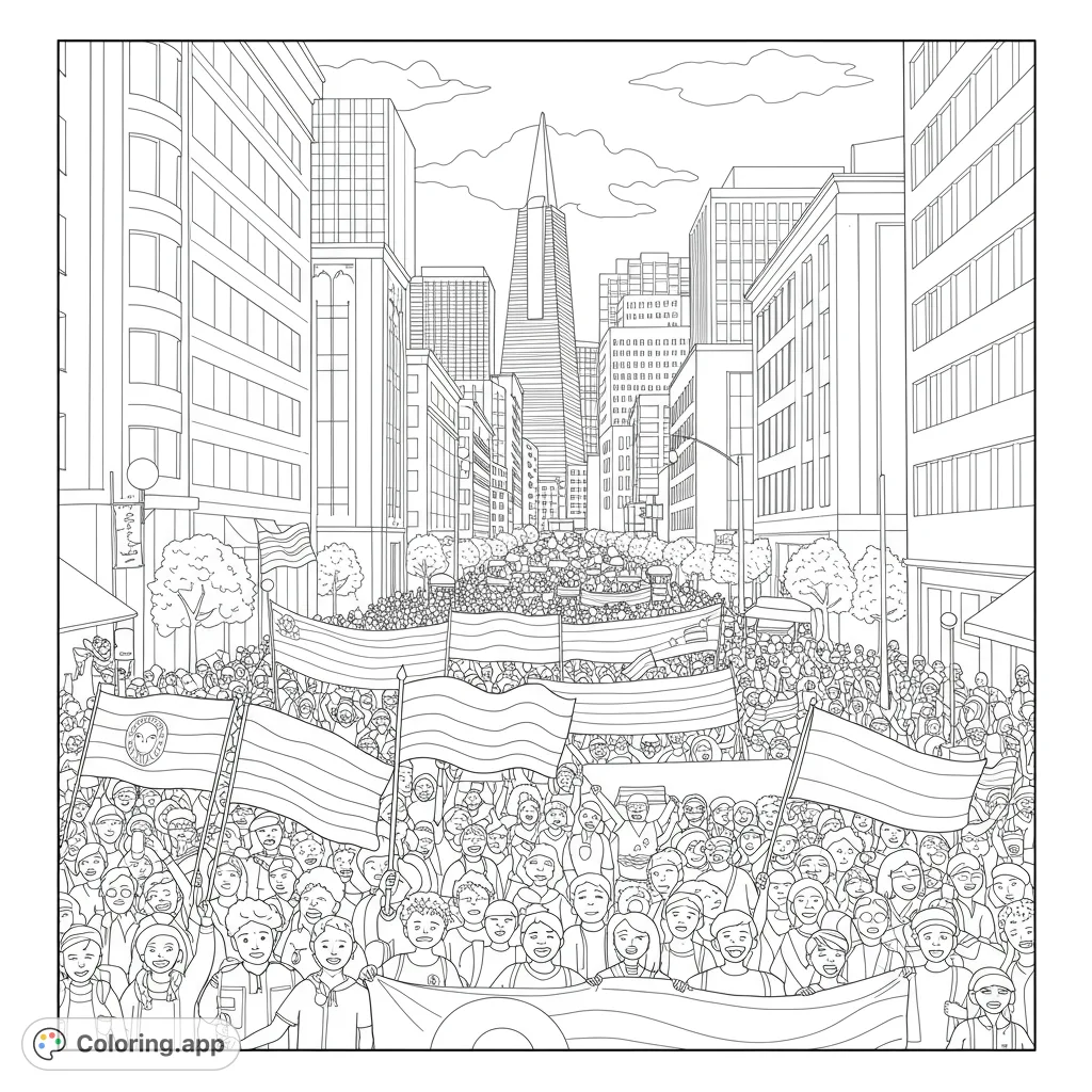 A vibrant city parade coloring page featuring a diverse crowd, waving flags and banners, set against a detailed urban skyline with iconic buildings.
