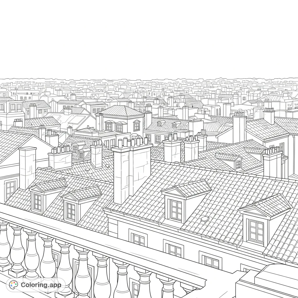 A captivating coloring page of an urban landscape seen from a balcony, featuring intricate rooftops, charming chimneys, and detailed tiled slopes.