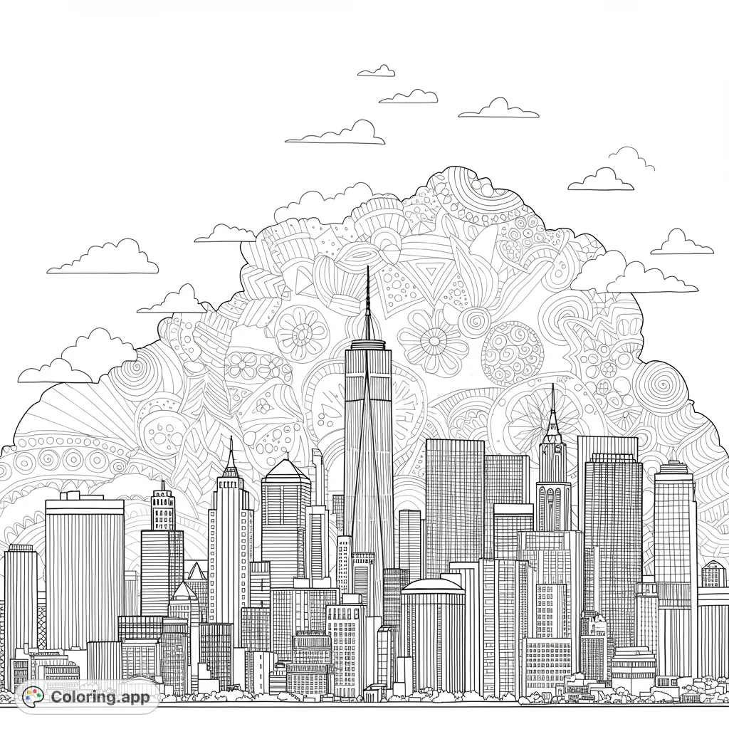 Intricate cityscape with towering skyscrapers beneath a vast, detailed mandala cloud. A unique urban zen free printable coloring page for adults.