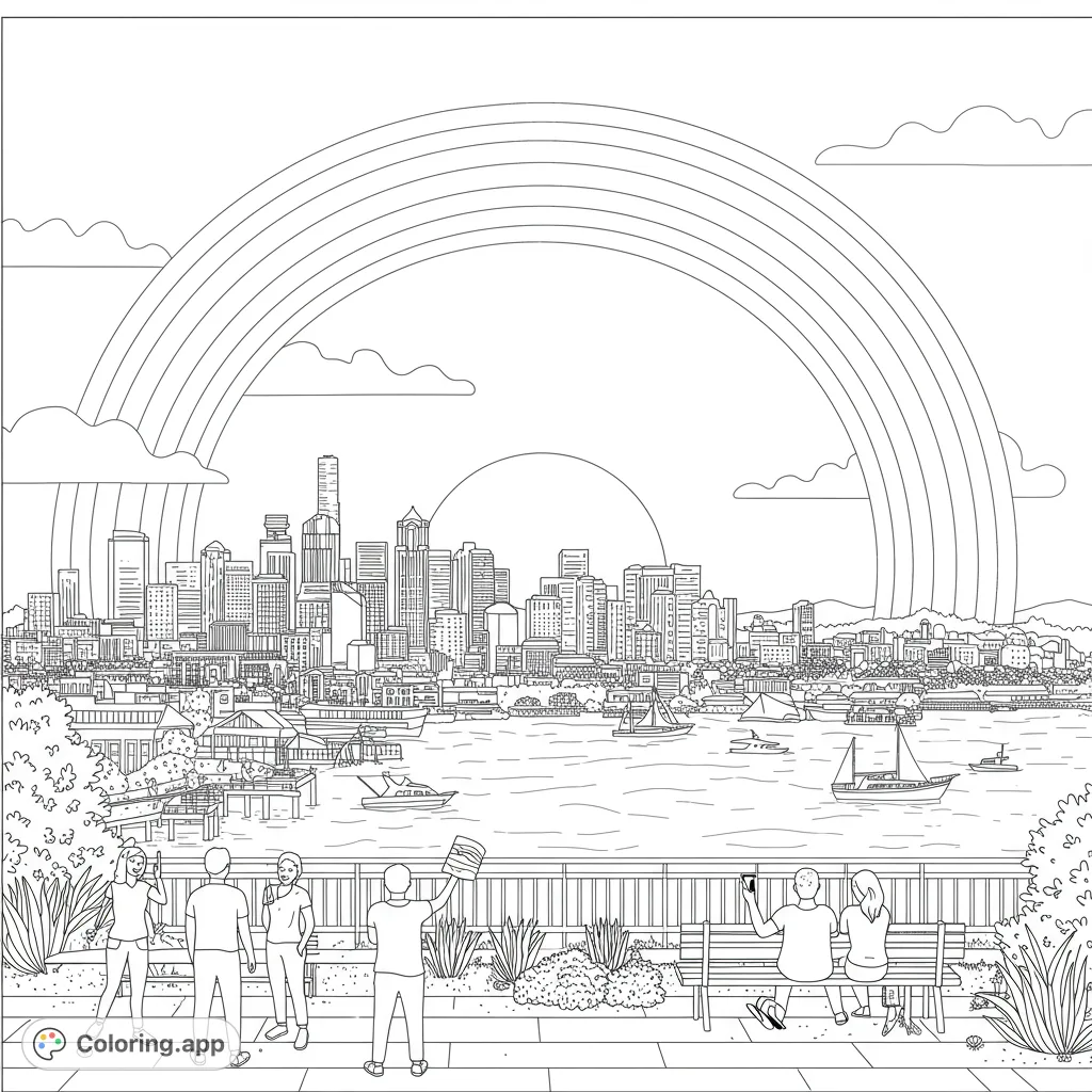 A stunning city skyline with a vibrant rainbow arching over a bustling waterfront, featuring boats and people enjoying the view. A detailed urban landscape.