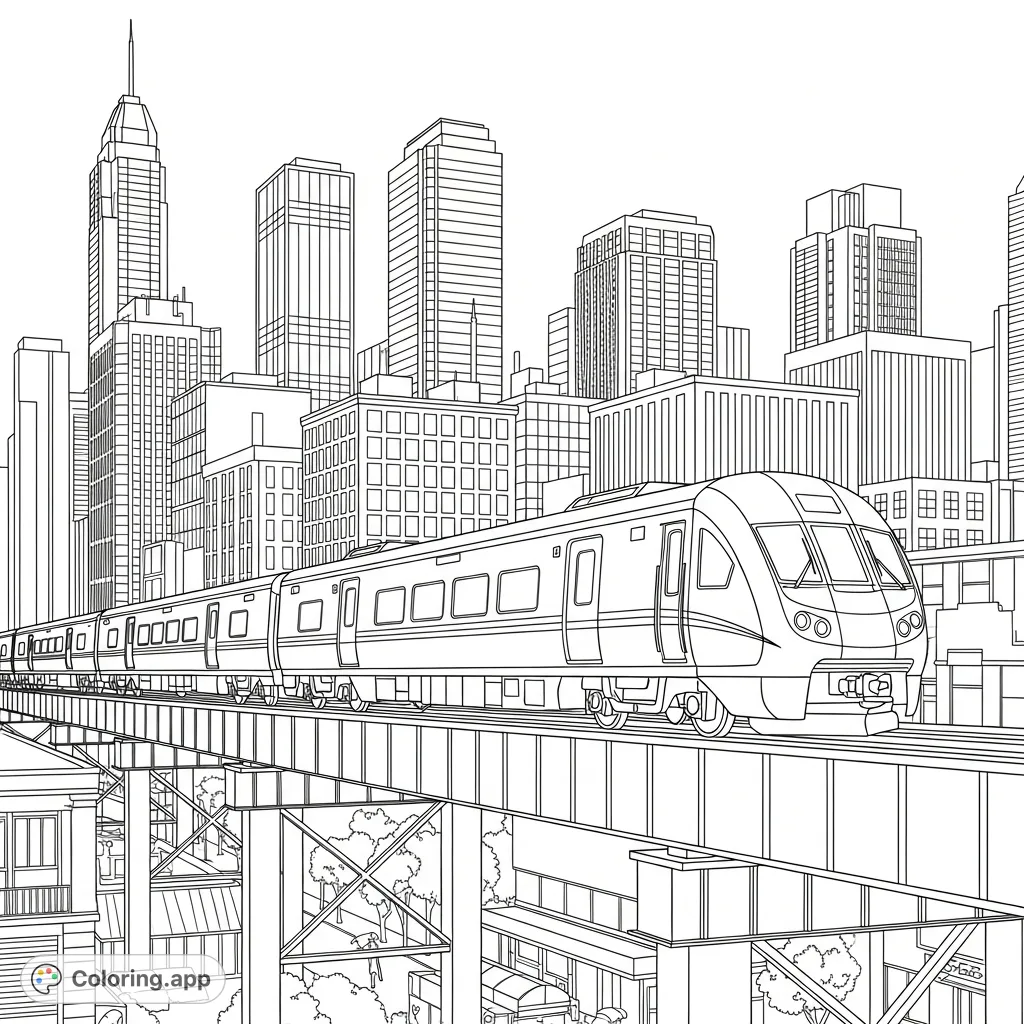 A dynamic coloring page showcasing a sleek passenger train speeding across an elevated track, set against a detailed backdrop of a bustling city skyline.