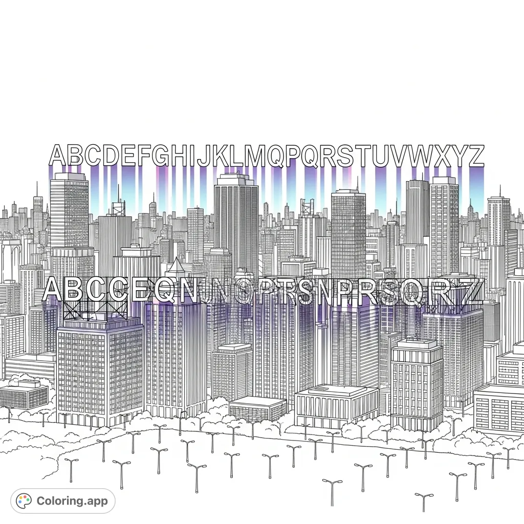 Explore a detailed cityscape at twilight, where each skyscraper proudly displays a glowing alphabet letter, casting stunning reflections on glass facades.