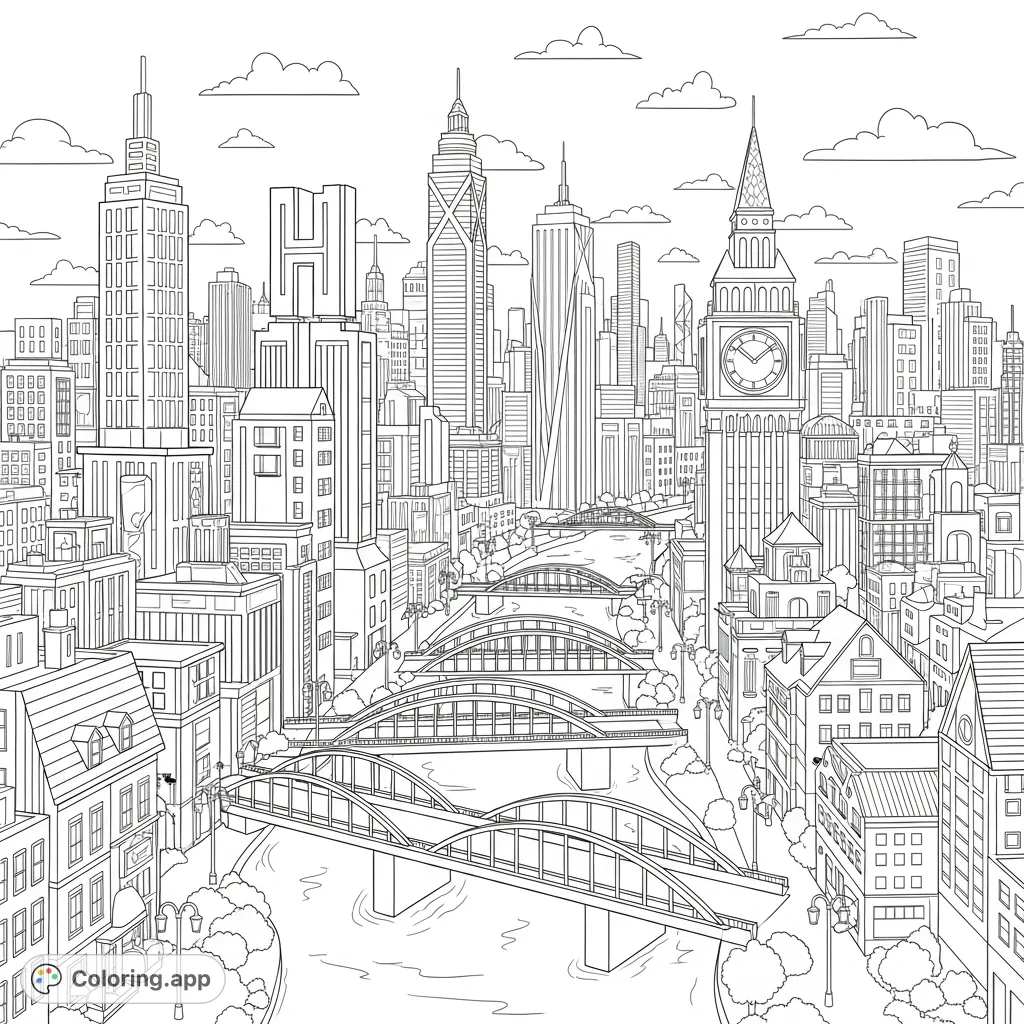 Discover a captivating cityscape where buildings, bridges, and streetlights cleverly form the English alphabet, offering a unique architectural puzzle.