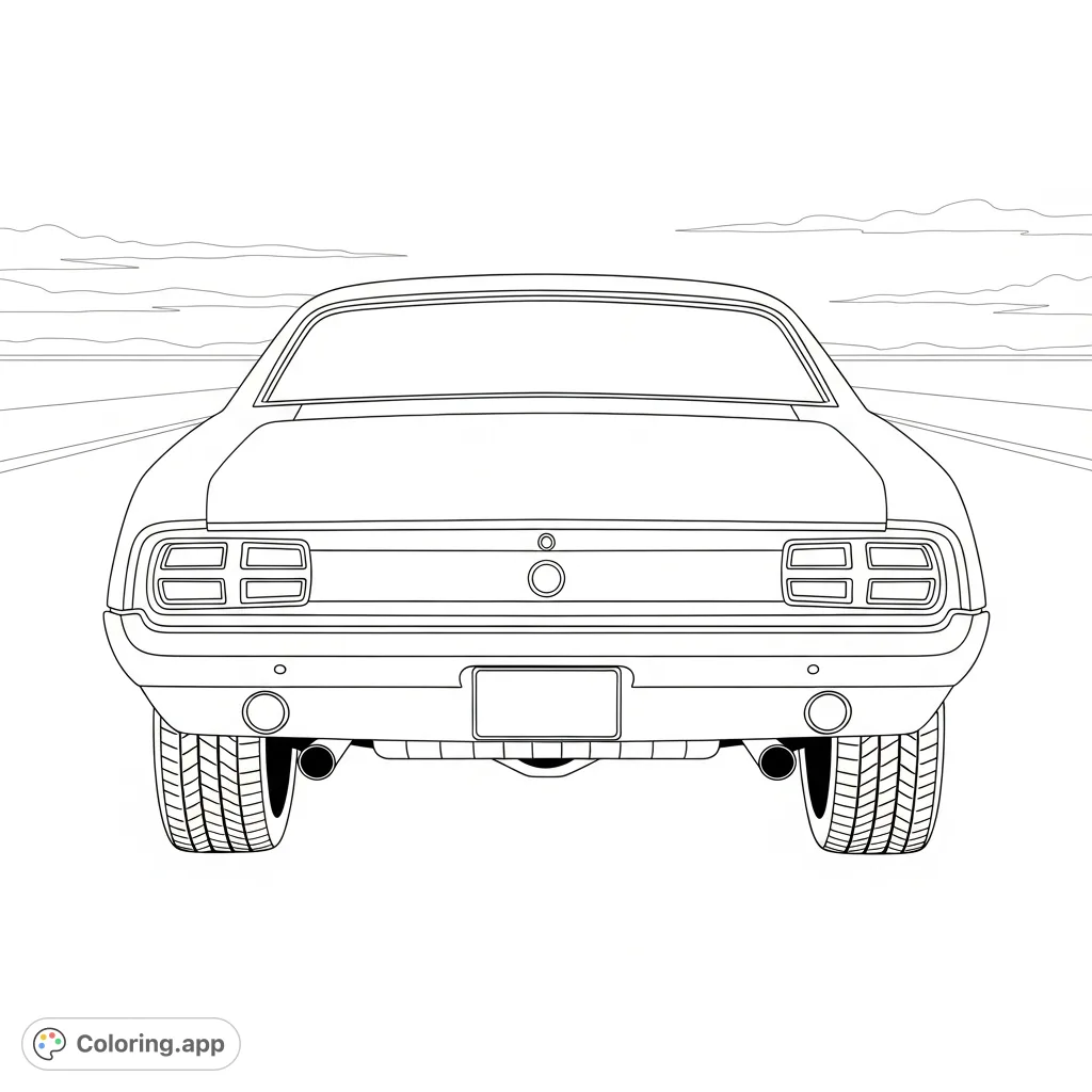 Color a powerful 1960s fastback muscle car from a striking rear perspective, featuring simplified taillights and a classic open road background.