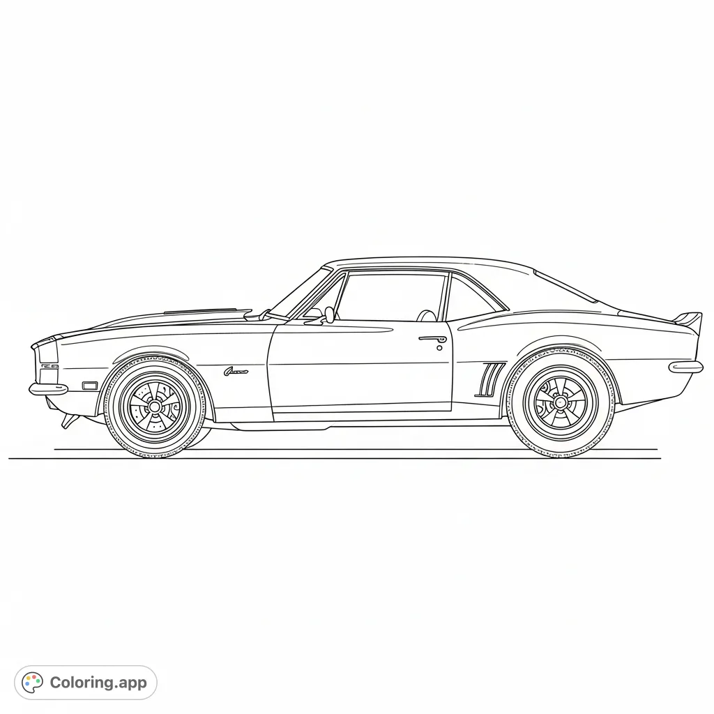 Detailed 1960s muscle car silhouette in profile, featuring iconic design elements like a long hood, fastback roof, and intricate wheels, ready for a personalized touch.