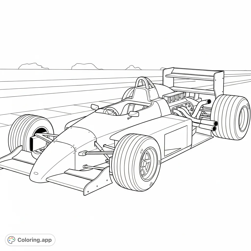 Step back in time with this classic 90s F1-style race car coloring page, featuring iconic boxy proportions and simple wings, perfect for racing fans.