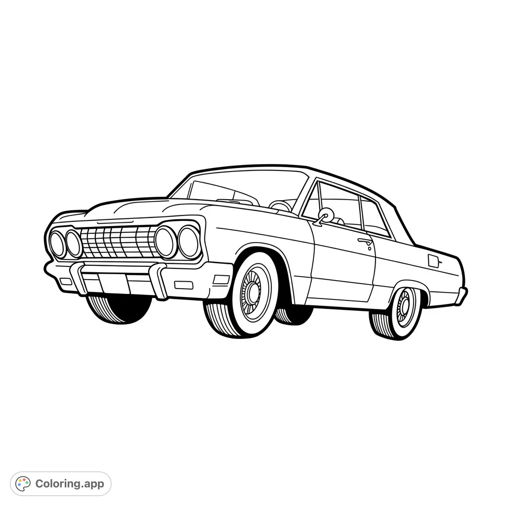 Color a sleek classic American car, featuring prominent grille, dual headlights, and vintage lines. Perfect for car enthusiasts and all ages.
