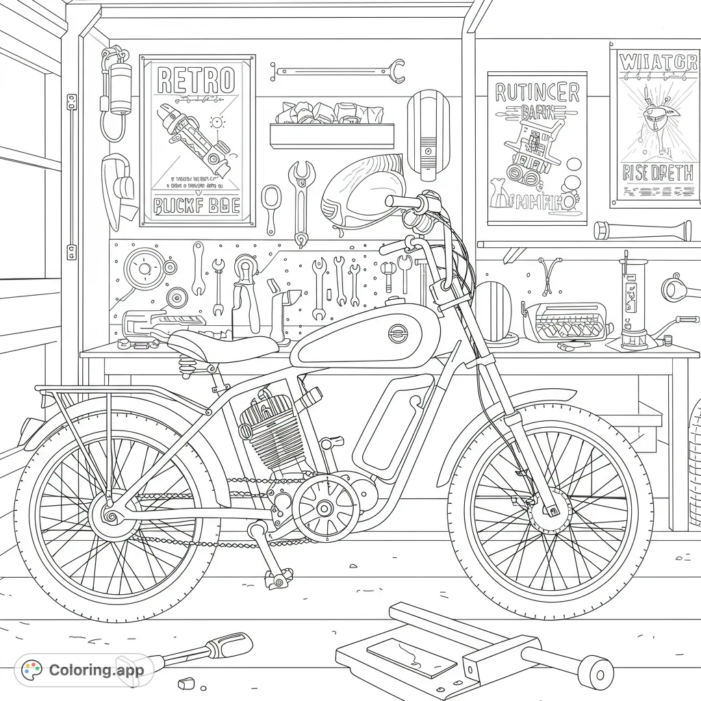 Detailed line art of a classic motorcycle in a busy garage workshop, filled with tools and mechanical elements. A free printable coloring page.