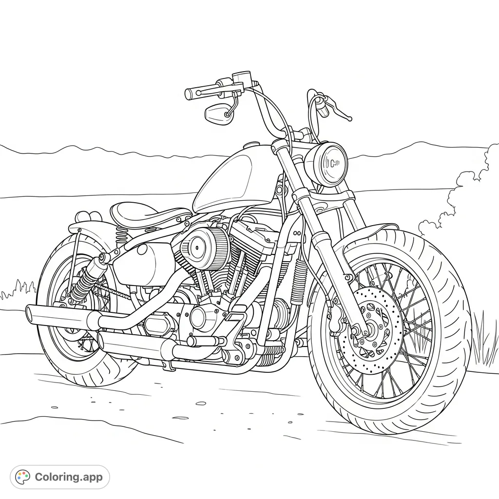 Detailed coloring page featuring a classic bobber-style cruiser motorcycle with a solo seat, stripped-down design, and prominent engine, set against a simple backdrop.