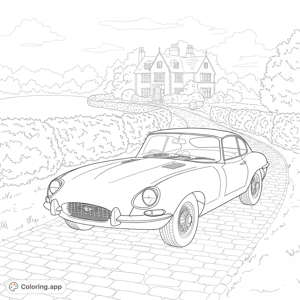 Color a sleek classic car on a cobblestone drive leading to a grand mansion. A detailed classic car coloring page for enthusiasts.